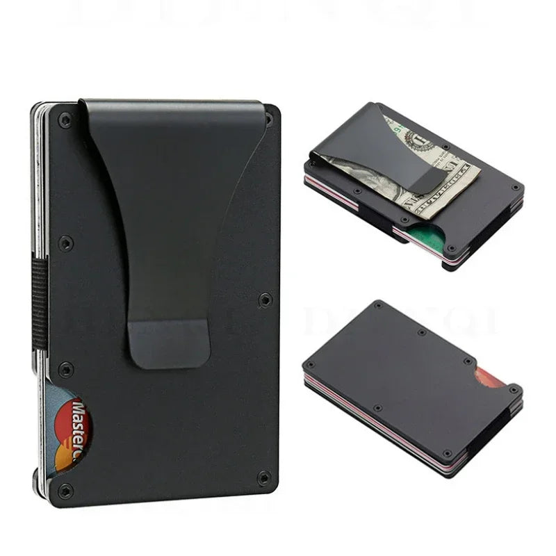 Tarjetero metálico compacto con clip para billetes y bloqueo RFID