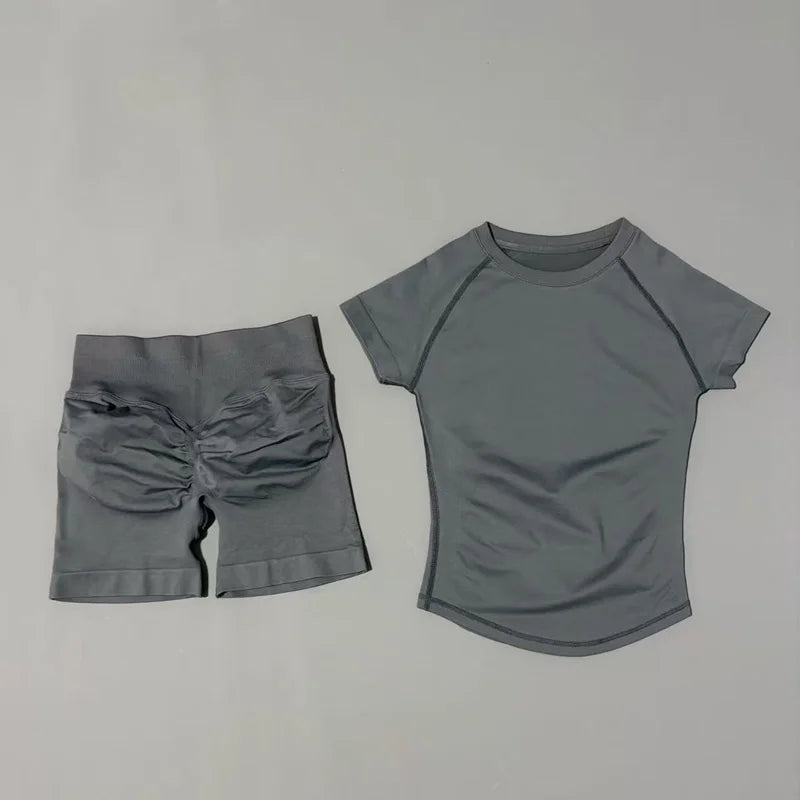 Conjunto deportivo de 2 piezas: top manga corta y calza sin costuras