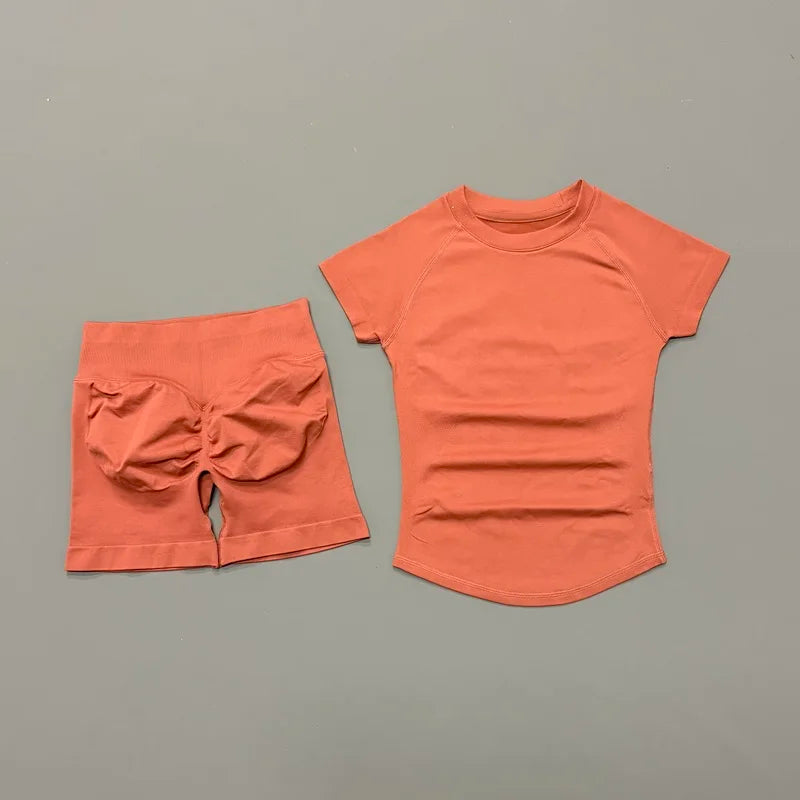 Conjunto deportivo de 2 piezas: top manga corta y calza sin costuras