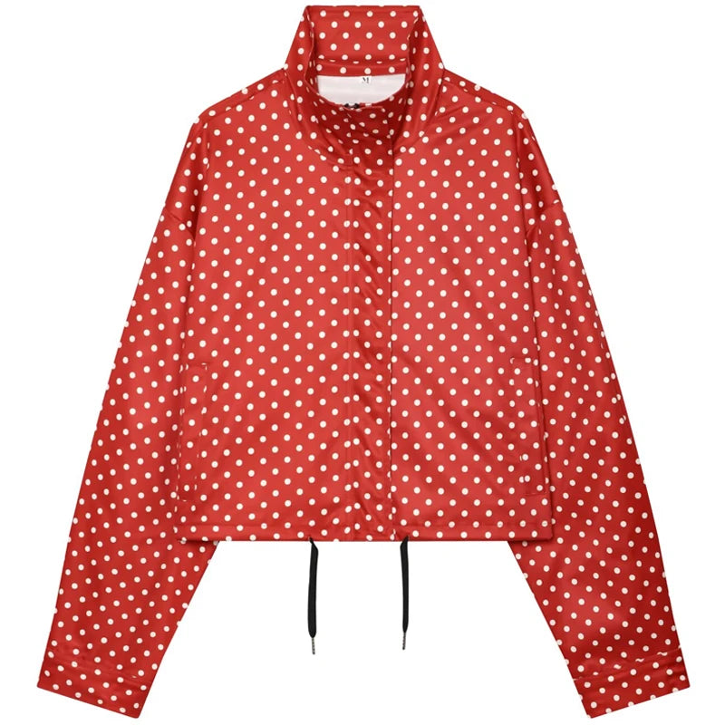 Campera Bombardera Oversize de Lunares para Mujer, Corte Crop con Cierre