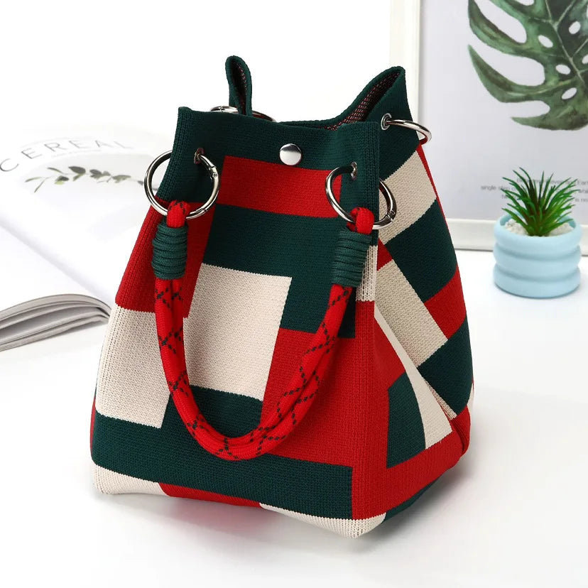 Cartera Tote Mini Tejida a Crochet Rayas Estilo Coreano