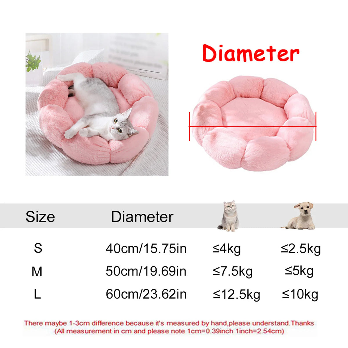 Cama Redonda de Peluche Suave para Perros y Gatos, 6 Tamaños
