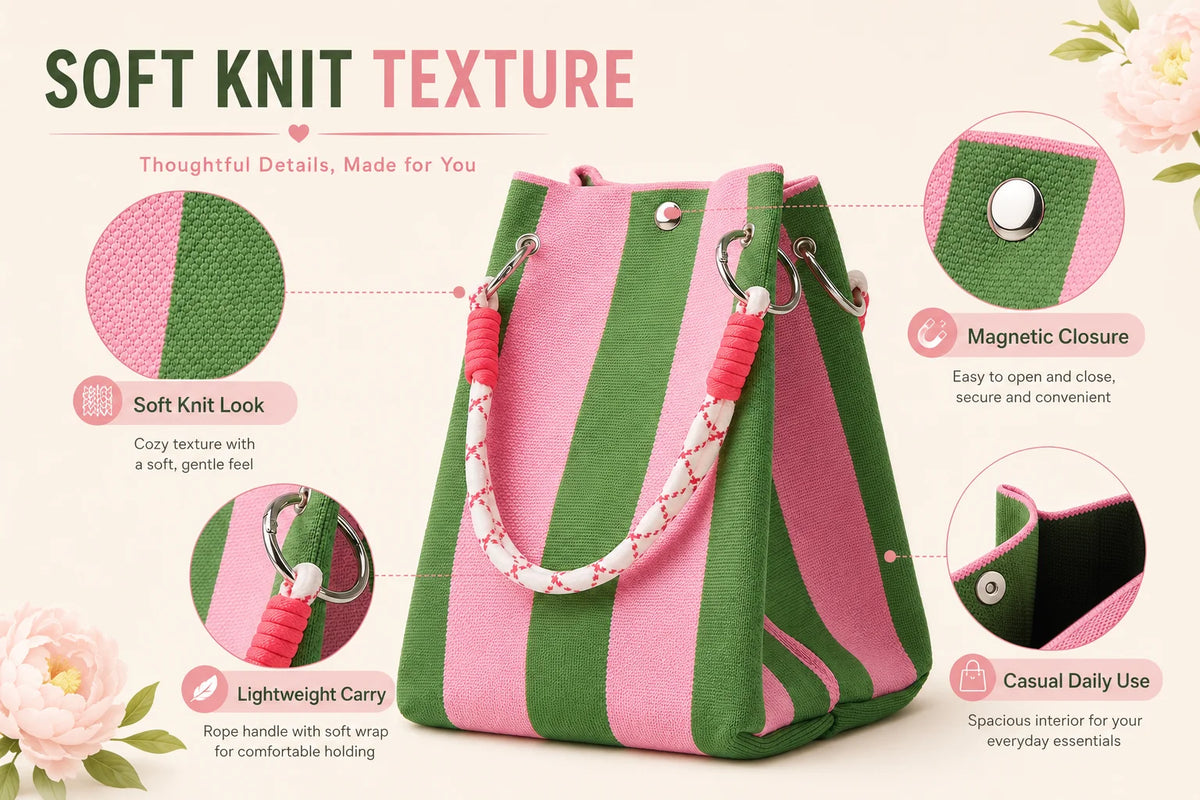 Cartera Tote Mini Tejida a Crochet Rayas Estilo Coreano