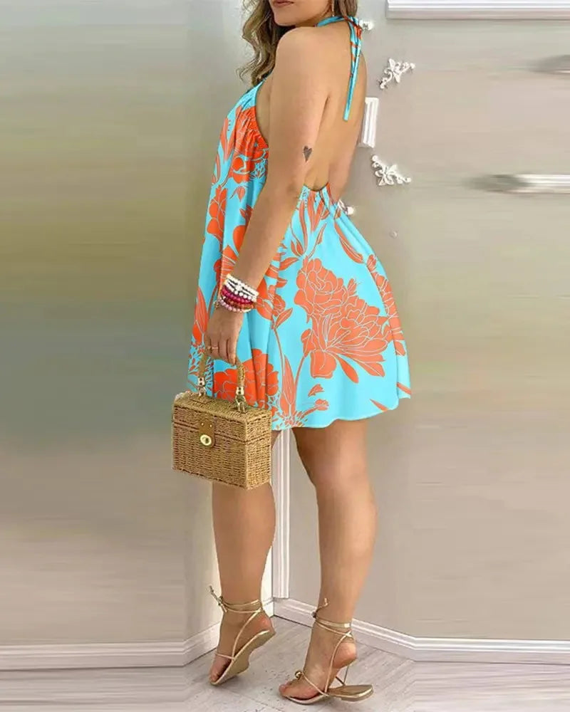 Vestido Mini Halter Estampado Tropical Espalda Descubierta Corte A Playero