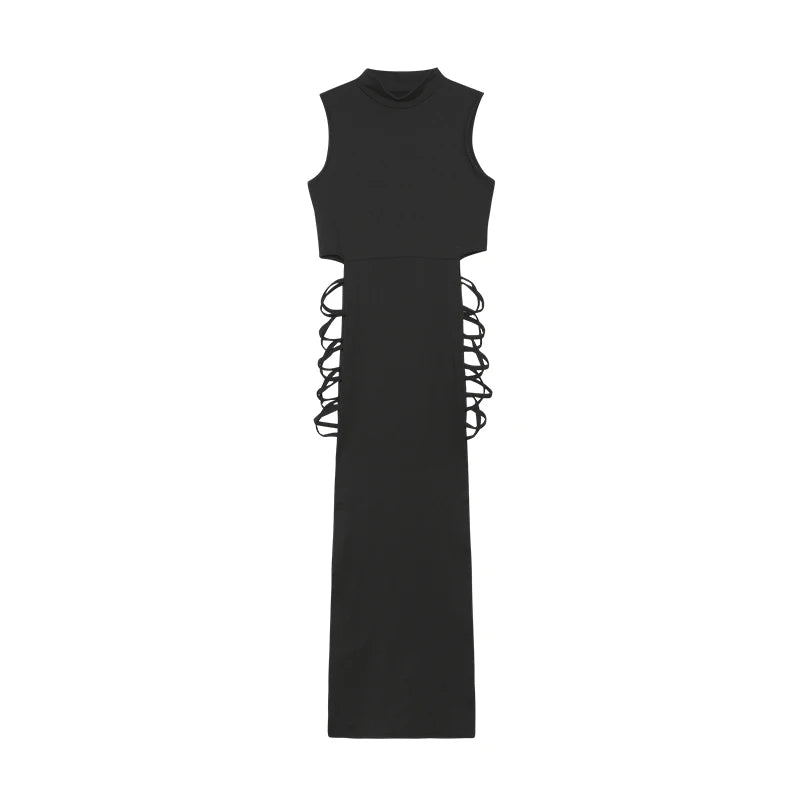 Vestido Bodycon Cruzado con Cut Out, Cuello Alto y Sin Mangas