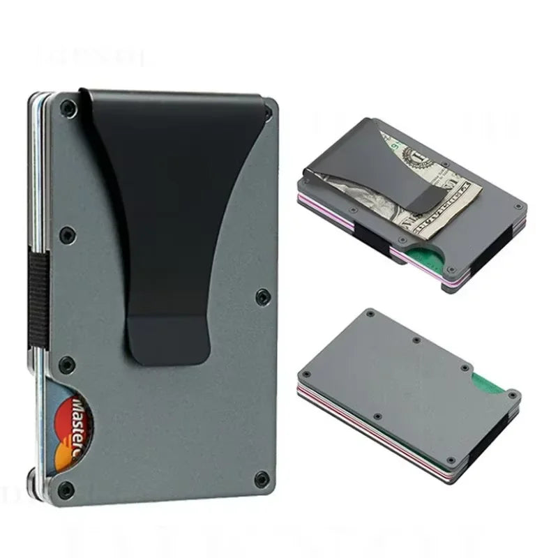 Tarjetero metálico compacto con clip para billetes y bloqueo RFID