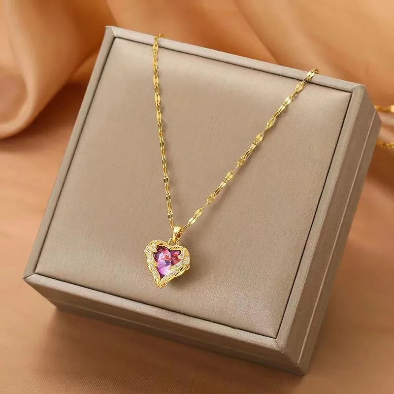 Collar con Dije de Corazón de Cristal en Acero Inoxidable