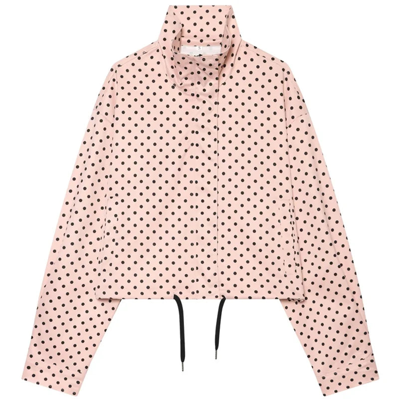 Campera Bombardera Oversize de Lunares para Mujer, Corte Crop con Cierre