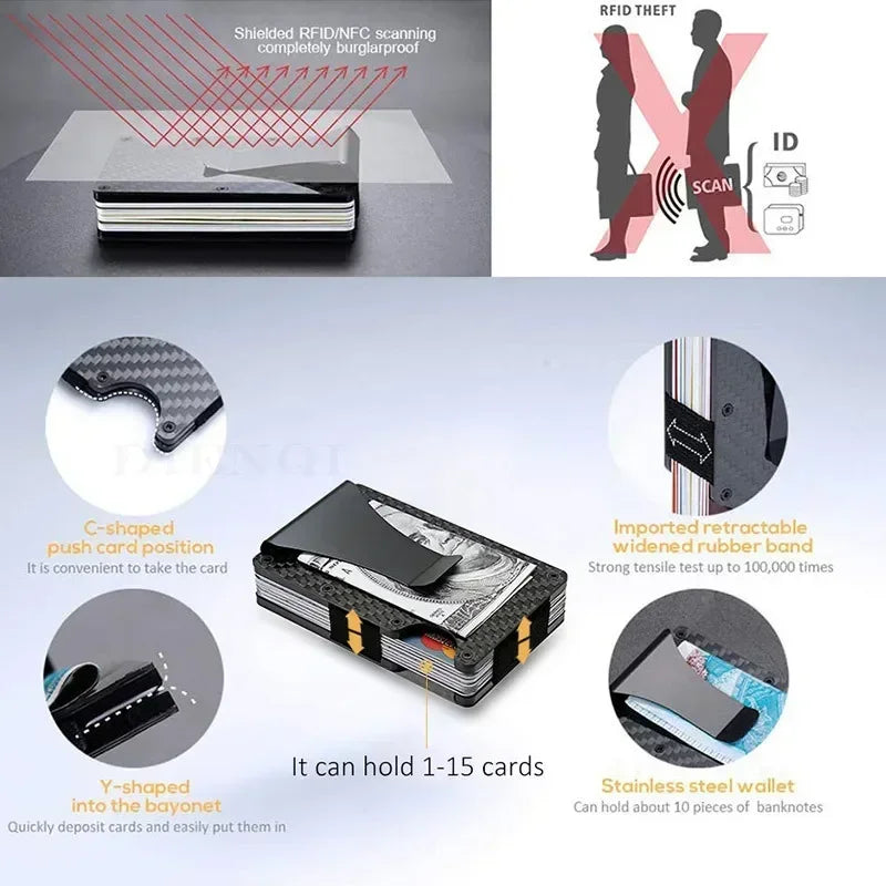 Tarjetero metálico compacto con clip para billetes y bloqueo RFID